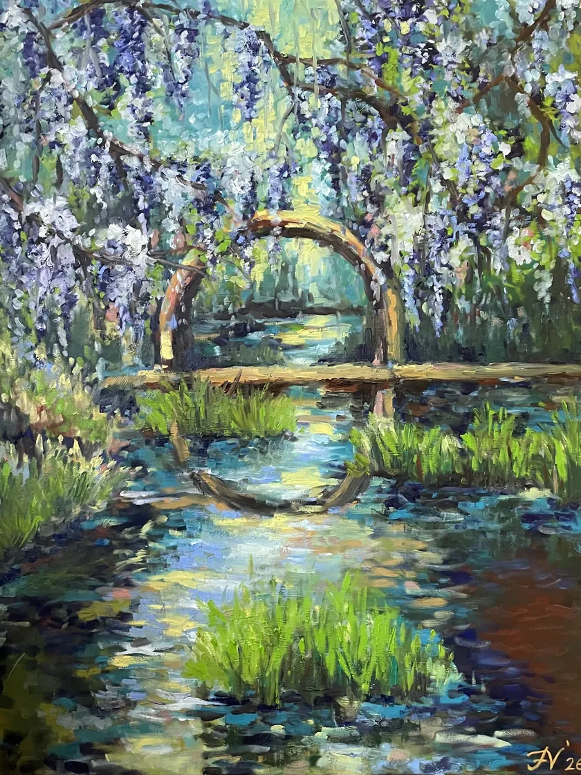 Schilderij van Fi: houten bruggetje onder bloeiende blauweregen, weerspiegeld in het water