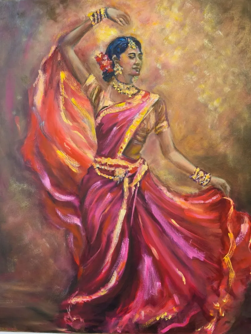Schilderij van Lya: dansende vrouw in een rode sari